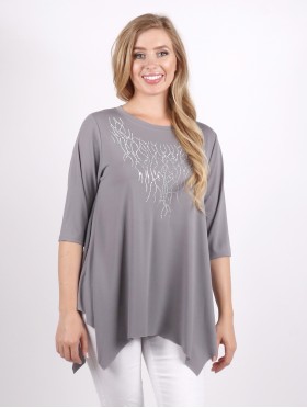 Solid Color Mid-Sleeved Top with Branched Rhinestone 